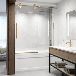 Elan 56 to 60 in. W x 66 in. H Sliding Frameless Tub Door in Matte Brushed Gold with 3/8 in. (10mm) ProtecGlass