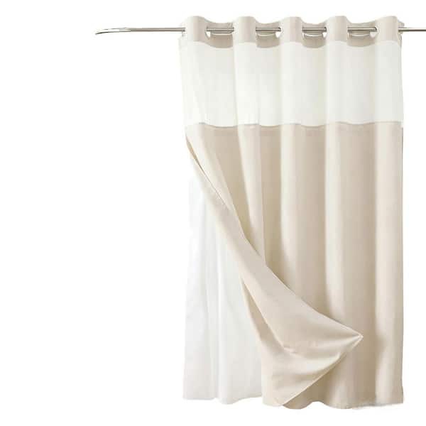 74 in. W x 71 in. L No Hooks Polyester Textured Shower Curtain in Beige with Snap-in Fabric Liner Set