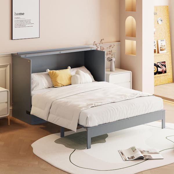 Gray Wood Frame Full Size Murphy Bed with Drawer