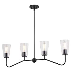 Beverly 4-Light Matte Black Linear Chandelier Island Pendant Fixture Clear Glass Shade, LED Compatible