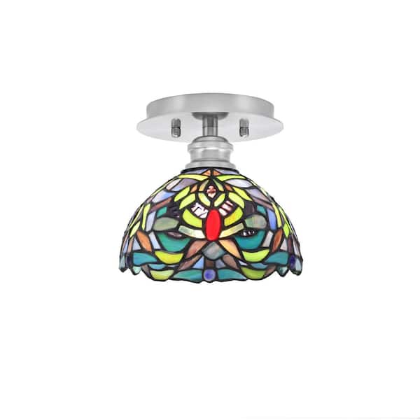 Unbranded Albany 1-Light 7 in. Brushed Nickel Semi-Flush with Kaleidoscope Art Glass Shade