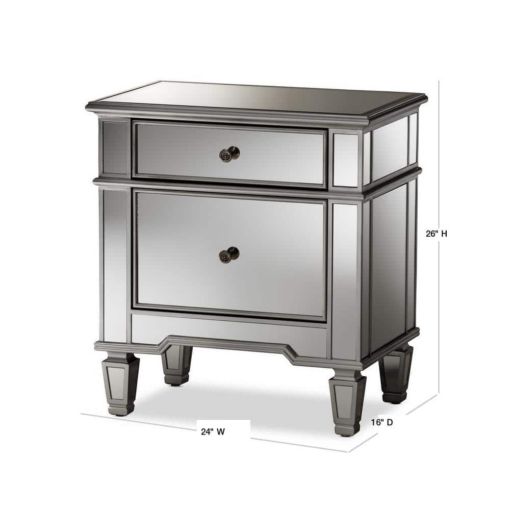 Sussie Hollywood Glam Mirrored 2-Drawer Nightstand with Bronze Hardware