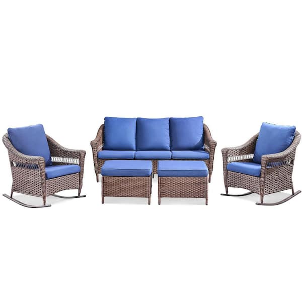 5-Piece Brown Wicker Outdoor Rocking Chair Patio Conversation Set Outdoor Couch Set with Blue Cushion and Ottomans