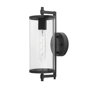 Lurelane 14 in. Medium Modern 1-Light Matte Black Hardwired Outdoor Cylinder Wall Lantern Sconce Light