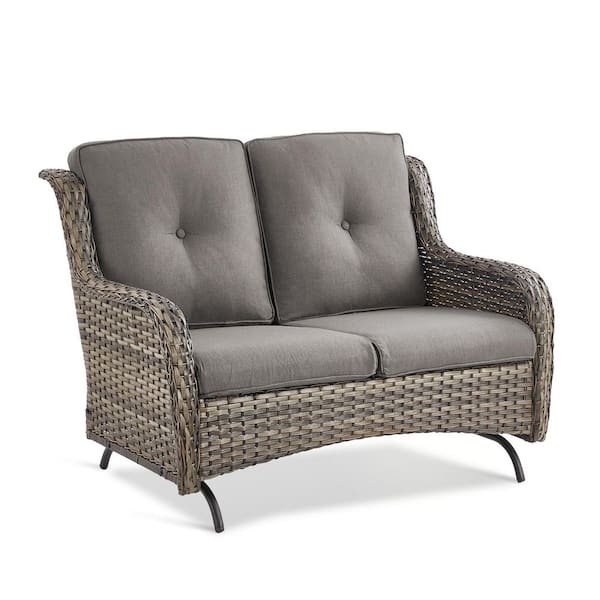 Gymojoy Carolina Patio 2-Person Brown Wicker Rocking Bench Outdoor Loveseat Glider with High Back and Deep Seat, Gray
