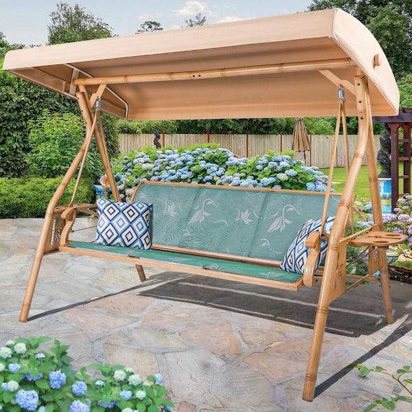 3 Person Metal Patio Swing Outdoor Swing for Adults with Adjustable Canopy, Upgraded Cup Holders Textilene Fabric, Green