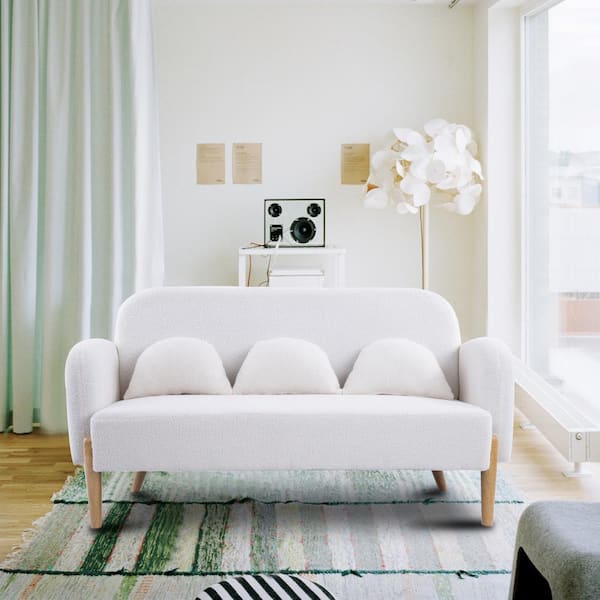 59.1 in Wide Round Arm Teddy Fabric Modern Rectangle Sofa in Beige