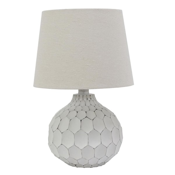 Decor Therapy Bing Faceted 14.5 in. Distressed White Table Lamp with Linen Shade