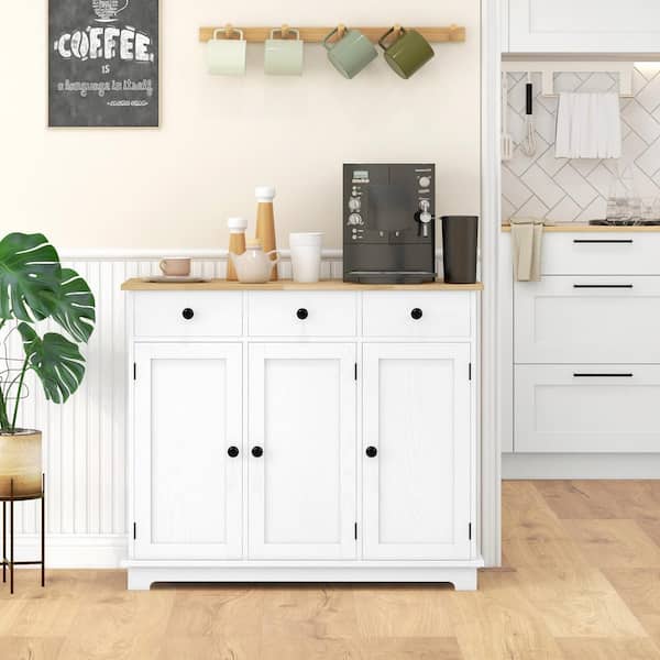 HOMCOM White Particle Board 39.75 in. Sideboard with 3 Drawers, 3 Cabinets and Adjustable Shelves