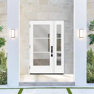 Legacy 53 in. x 80 in. Icon 3 Lite Modern Clear Glass RHOS Primed Fiberglass Prehung Front Door w/ 14 in. SL