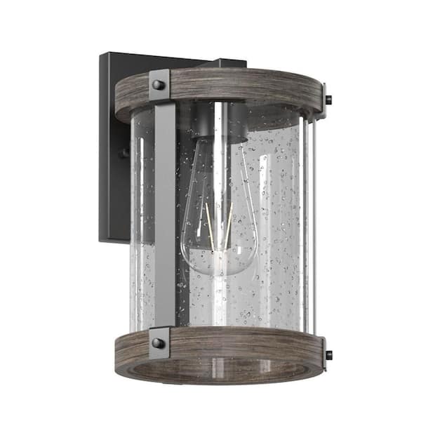 Hampton Bay Collier 11.12 in. 1-Light Matte Black and Darker Brown Outdoor Wall Light Lantern Sconce with Clear Seeded Glass