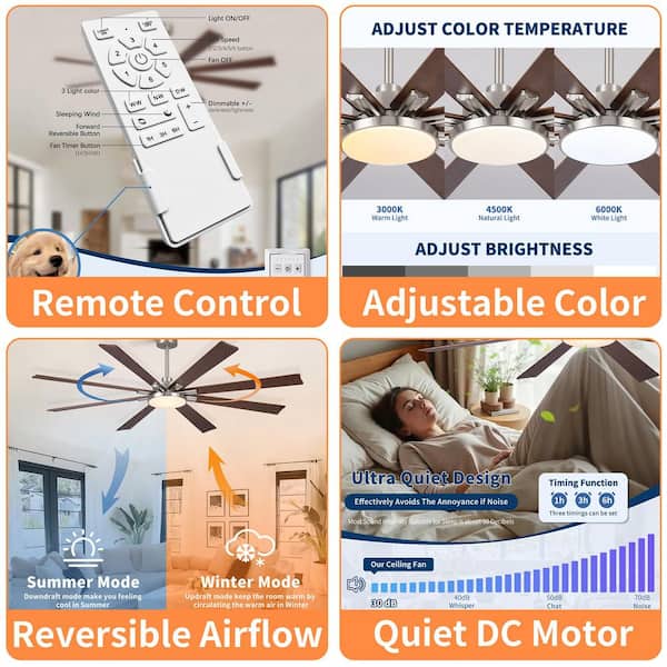 72 in. Retro Farmhouse Downrod Mount Ceiling Fan with Light and Solid Wood Blades in Brushed Nickel, Brown