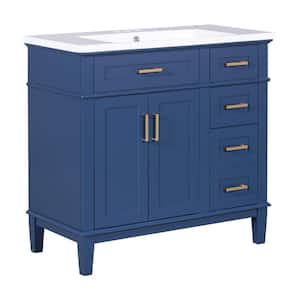 36 in. W x 18 in. D x 35 in. H Single Sink Freestanding Bath Vanity in Navy Blue with White Resin Top & Tilt-out Drawer