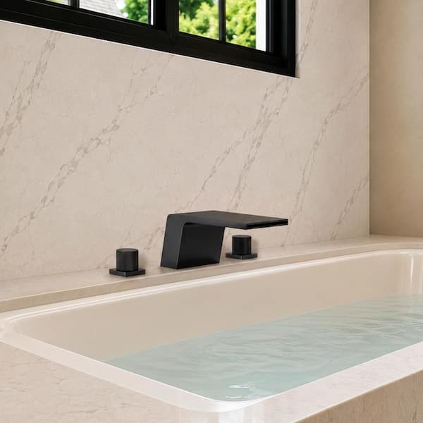 Modern Wide Spout 2-Handle Tub Deck Mount Roman Tub Faucet with Anti-Slip Handles in Matte Black Valve Included