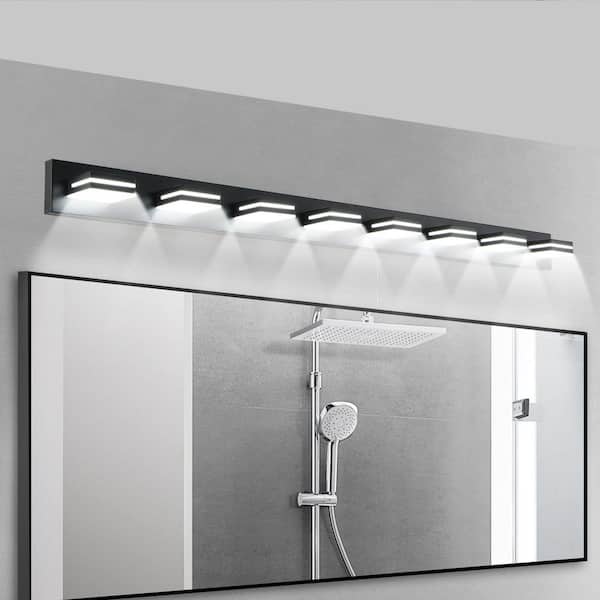 8-Light Matte Black LED Vanity Light - Wide Geometric Wall Sconce for Large Bathroom Mirrors, Dimmable Compatible