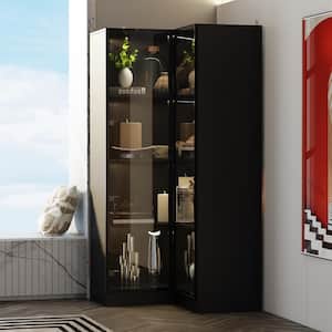 Black Wood 31.5 in. W Display Cabinet Corner Cabinet with Glass Doors, 3 Colors LED Lights