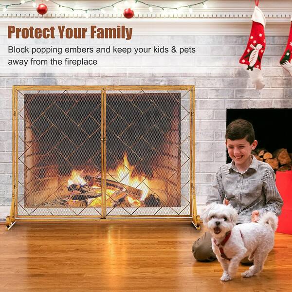 SUNRINX Gold Wrought Iron 2-Panel Fireplace Screen with Doors MG54