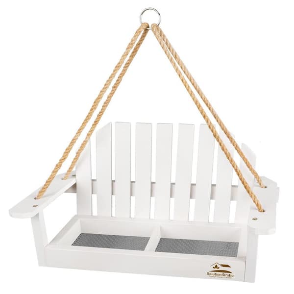 White Swing Wild Bird Feeder for Outside, Metal Mesh Bottom, Cute Bench Bird Feeder or Squirrel Feeder