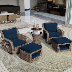 5-Piece Rattan Wicker Outdoor Bistro Set, Patio Furniture Set with Cushions, Pet House, Cool Bar & Ottoman, Navy Blue