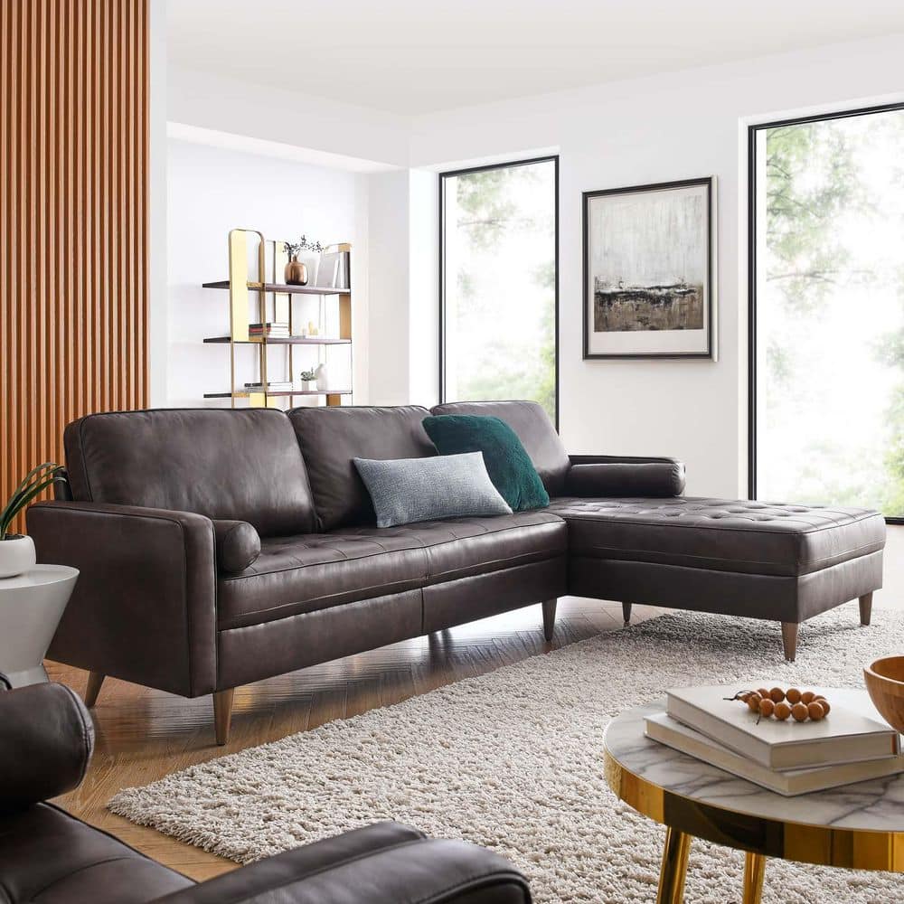 Elegant Tufted Brown Faux Leather 98" Sectional Sofa with Wood Accents