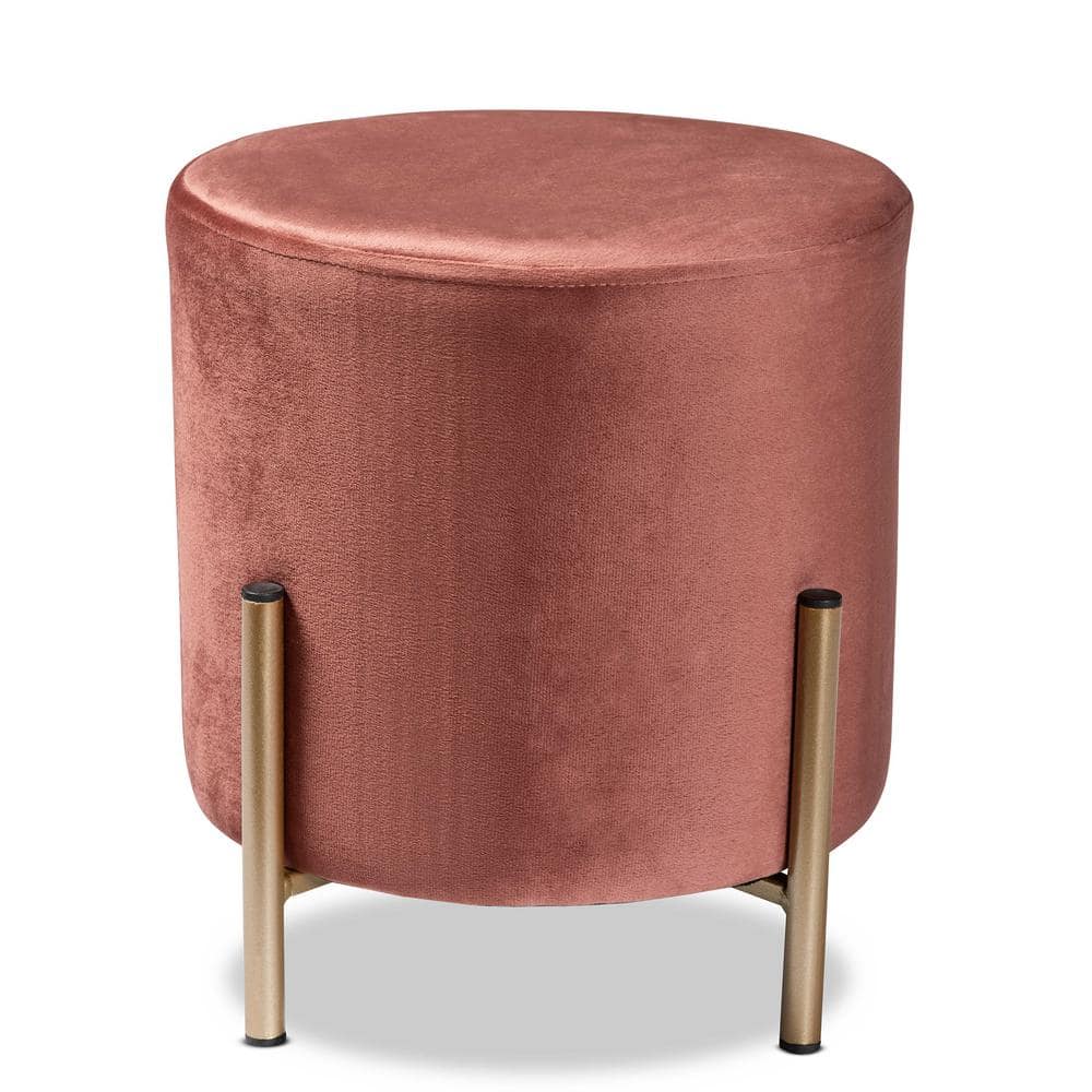 Thurman 11'' Pink Velvet and Gold Metal Round Ottoman