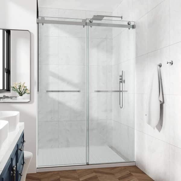 HOMEMYSTIQUE Tango 56-60 in. W x 76 in. H Sliding Frameless Shower Door in Brushed Nickel with Clear Glass