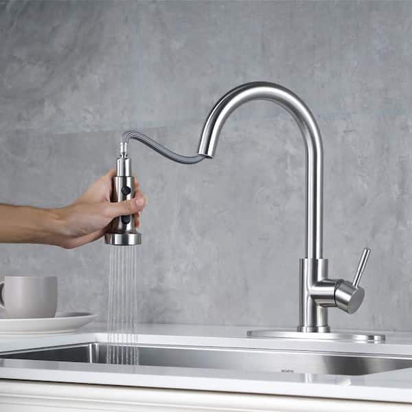 3-Function Single Handle Pull Down Sprayer Kitchen Faucet With Soap Dispenser in Brushed Nickel