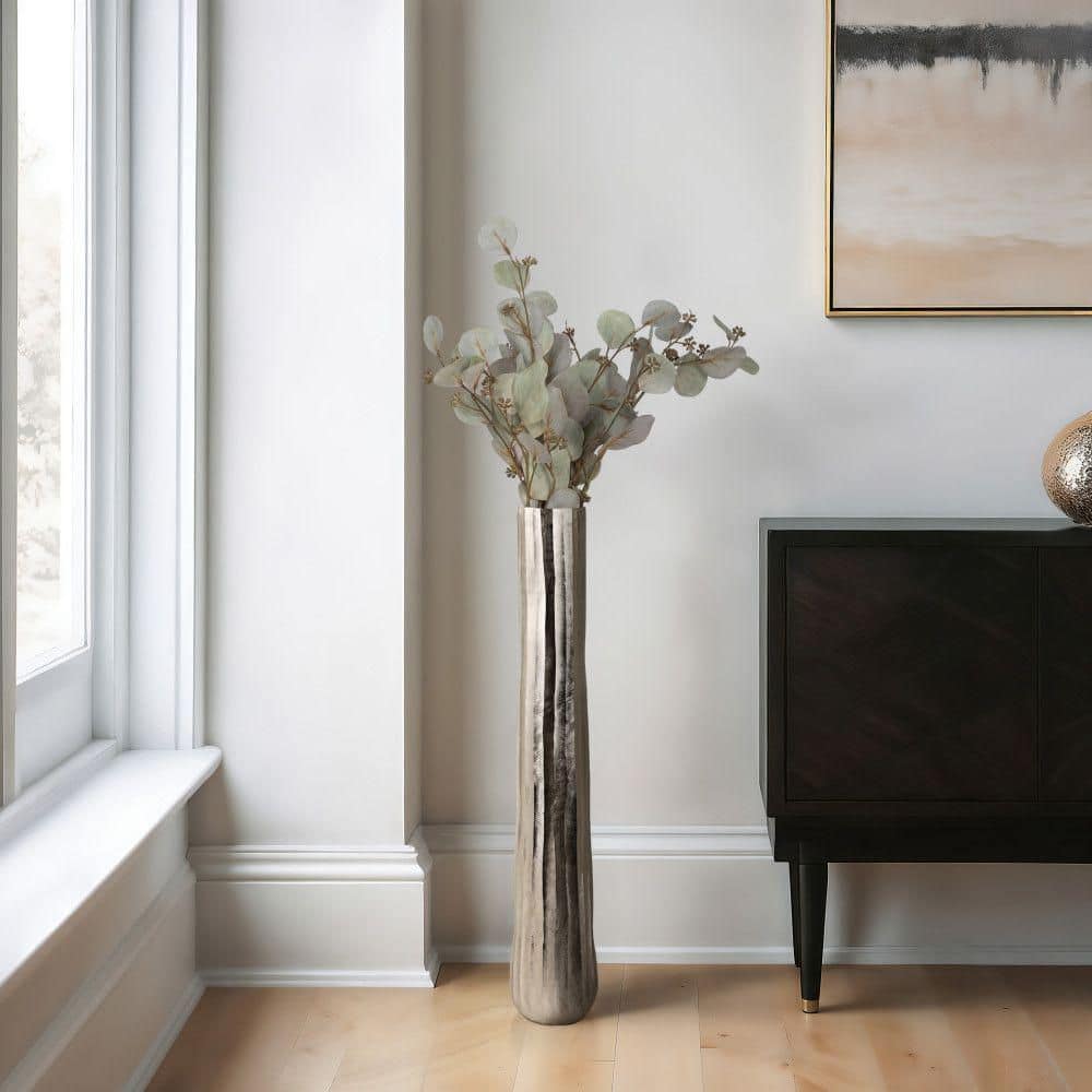 Tall Silver Etched Metal Decorative Floor Vase