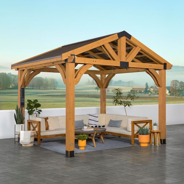 Arlington 12 ft. x 10 ft. All Cedar Wood Outdoor Gazebo Structure with Hard Top Steel Metal Peak Roof and Electric
