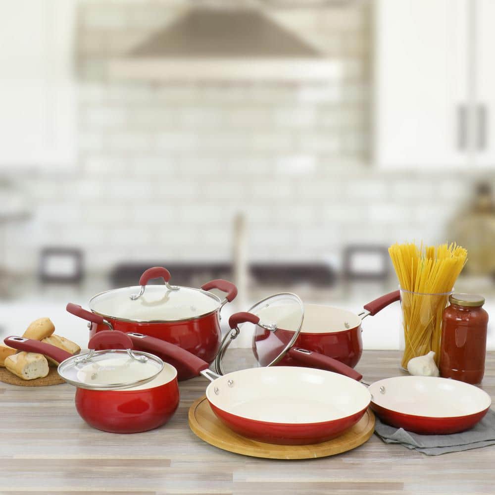 Red Aluminum Non-Stick 8-Piece Cookware Set with Enamel
