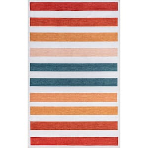 Colorful Striped Machine Washable Kids Multicolor 4 ft. x 6 ft. Mid-Century Modern Area Rug