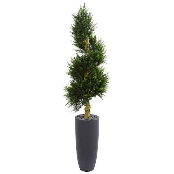 Nearly Natural 6 ft. High Indoor/Outdoor Spiral Cypress Artificial Tree in Cylinder Planter