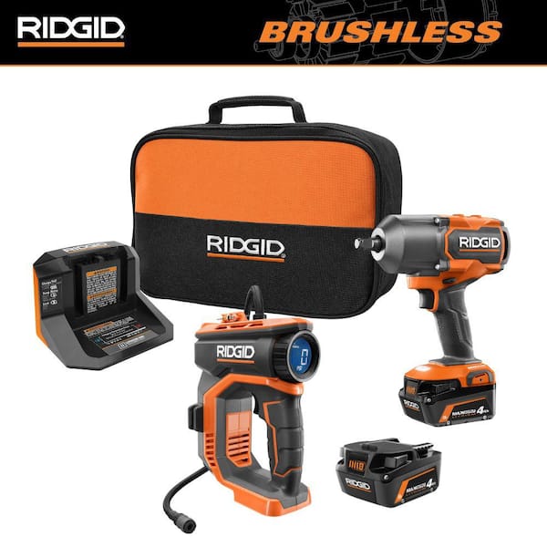 18V Brushless Cordless 4-Mode 1/2 in. High-Torque Impact Wrench Kit w/ (2) 4.0 Ah Batteries, Charger, & Digital Inflator