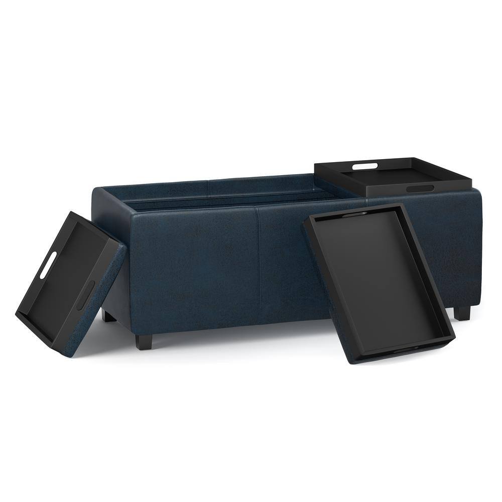 Avalon Distressed Dark Blue Faux Leather Storage Ottoman with Trays