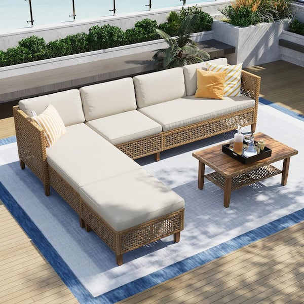 Brown 5-Piece Wood Outdoor Wicker Patio Conversation Set with Beige Cushions