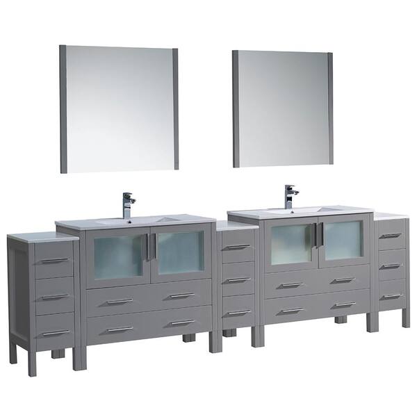 Fresca Torino 108 in. Double Vanity in Gray with Ceramic Vanity Top in White with White Basins,Side and Middle Cabinet,Mirrors