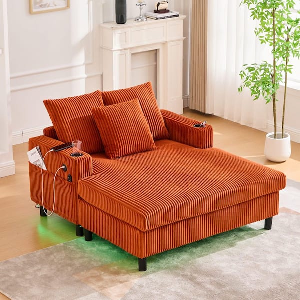 Ely Orange Chenille Upholstered Chaise Lounge Sofa with USB Charging, RGB Light Strip, Cup Holder, Side Pocket, Pillows