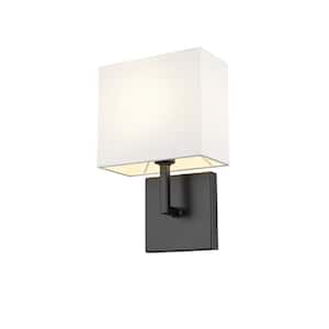 Saxon 7 in. 1-Light Matte Black Wall Sconce Light with Fabric Shade