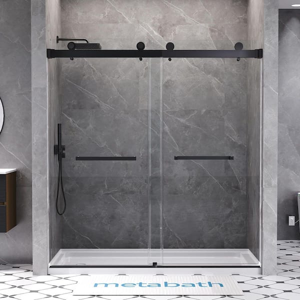 66 to 72 in. W x 76 in. H Double Sliding Frameless Shower Door in Matte Black with 3/8 in. Tempered Clear Glass