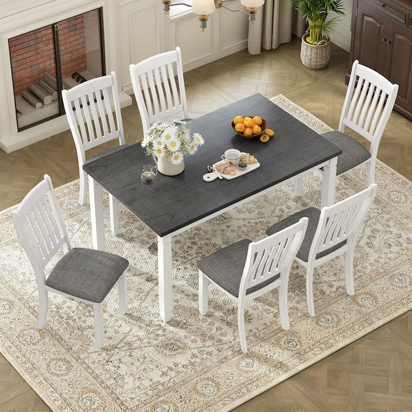 Qualler Gray 7-Piece Wood Top Dining Table Set with 6-Chairs