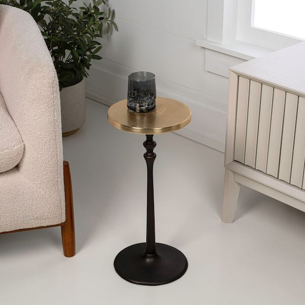 Lulu 9 in. Art Deco Classic Pedestal Round Metal Drink Table and Decorative End Table, Oil Rubbed Bronze/Gold