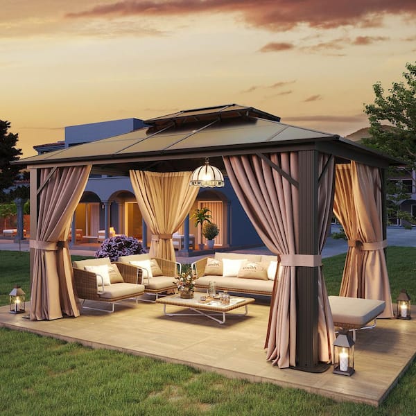 Sizzim 12 ft. x 10 ft. Hardtop Outdoor Double Roof Gazebo with Netting and Curtains