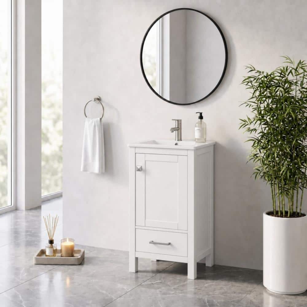Ami 18 in. W Space-Saving Freestanding Bath Vanity Cabinet in White with Ceramic Top, Door Organizer and Divider Drawer price history on PriceWatchPro