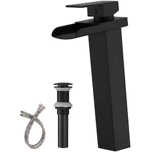 Single Handle Waterfall Bathroom Vessel Sink Faucet with Pop-Up Drain Assembly Kit in Matte Black