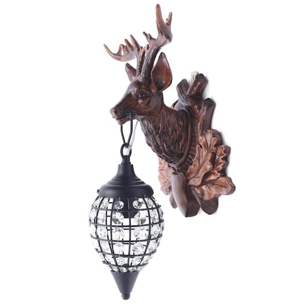 OUKANING 11.8 in. 1-Light Brown Retro Crystal Antler Wall Sconce with Clear Crystal Shade, for Bedroom Hallway Entrance