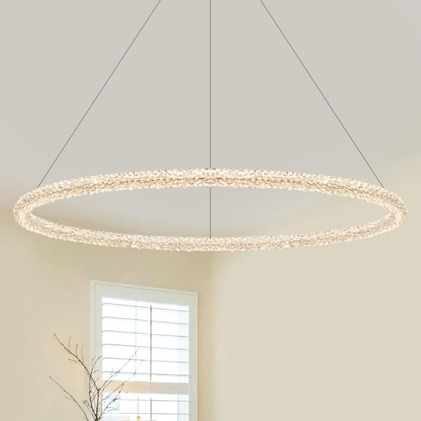39.97 in. 1-Light Modern Gold Metal Ring Crystal Integrated LED Pendant Light Dimmable Chandelier for Bedroom