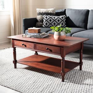 Boris 42 in. Dark Red Wood Coffee Table with Drawers