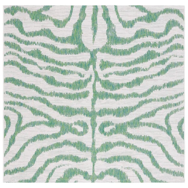 Courtyard Ivory/Green 7 ft. x 7 ft. Zebra Indoor/Outdoor Square Area Rug