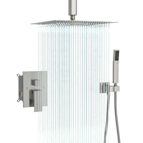 Logmey 2-Spray Patterns with 1.8 GPM 10 in. Ceiling Mount Dual Shower Head and Rain Mixer Shower Combo in Brushed Nickel