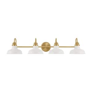 Elmcroft 38 in. 4-Light Brushed Gold Farmhouse Vanity with Designer White Metal Shade